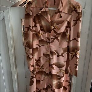Agnes Peach and Brown Bird Patterned Button-Up Dress